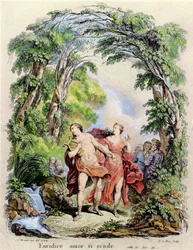 Orpheus leading Eurydice out of hell, illustration for the opera 